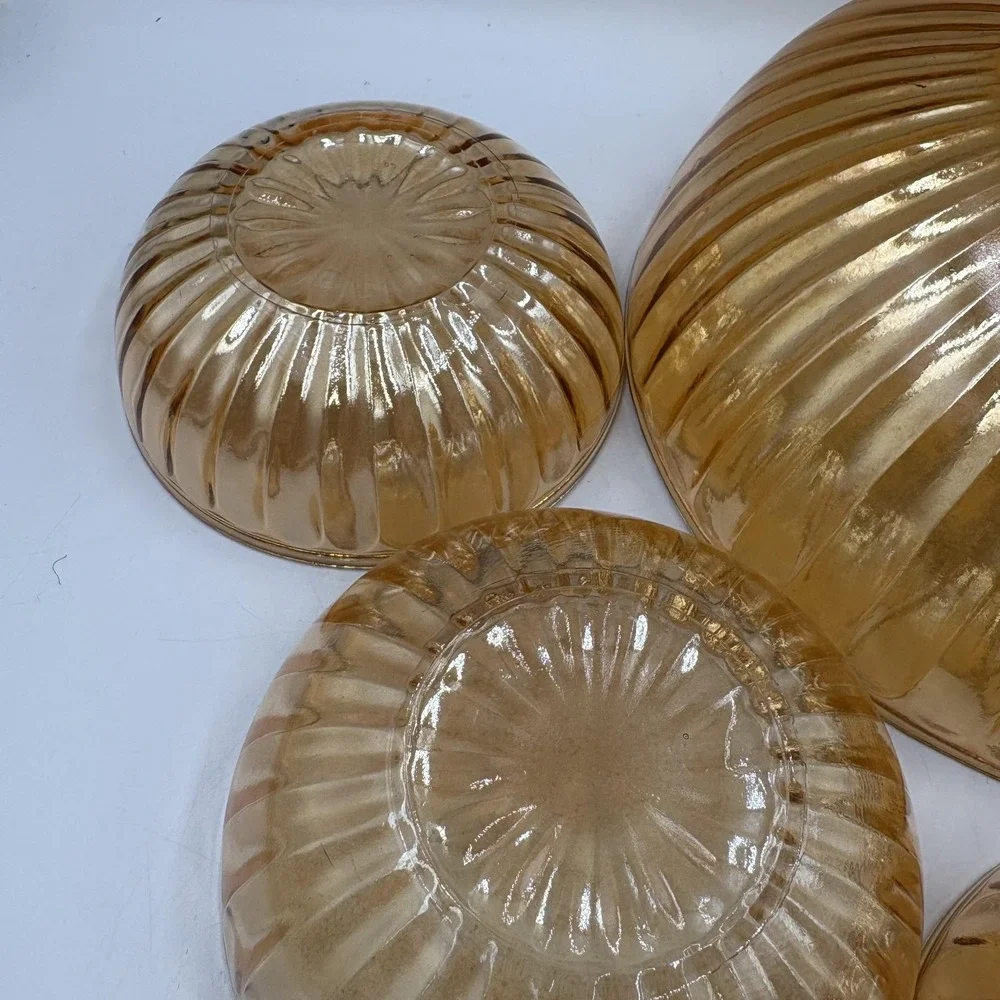 Gold Carnival Glass Salad Serving Bowl Set Ribbed‎ Art Deco 6 Piece Unmarked